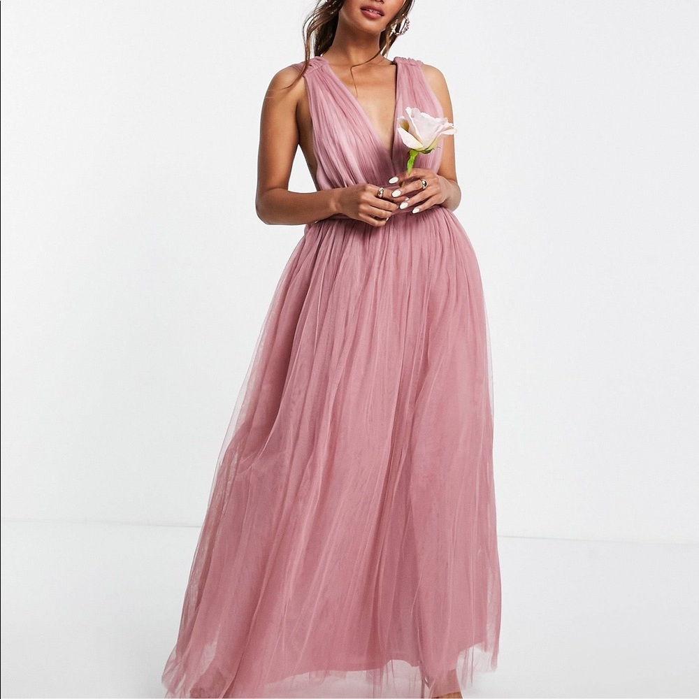 Rose tulle plunge (knee length) dress with back detail - Picture 2 of 5